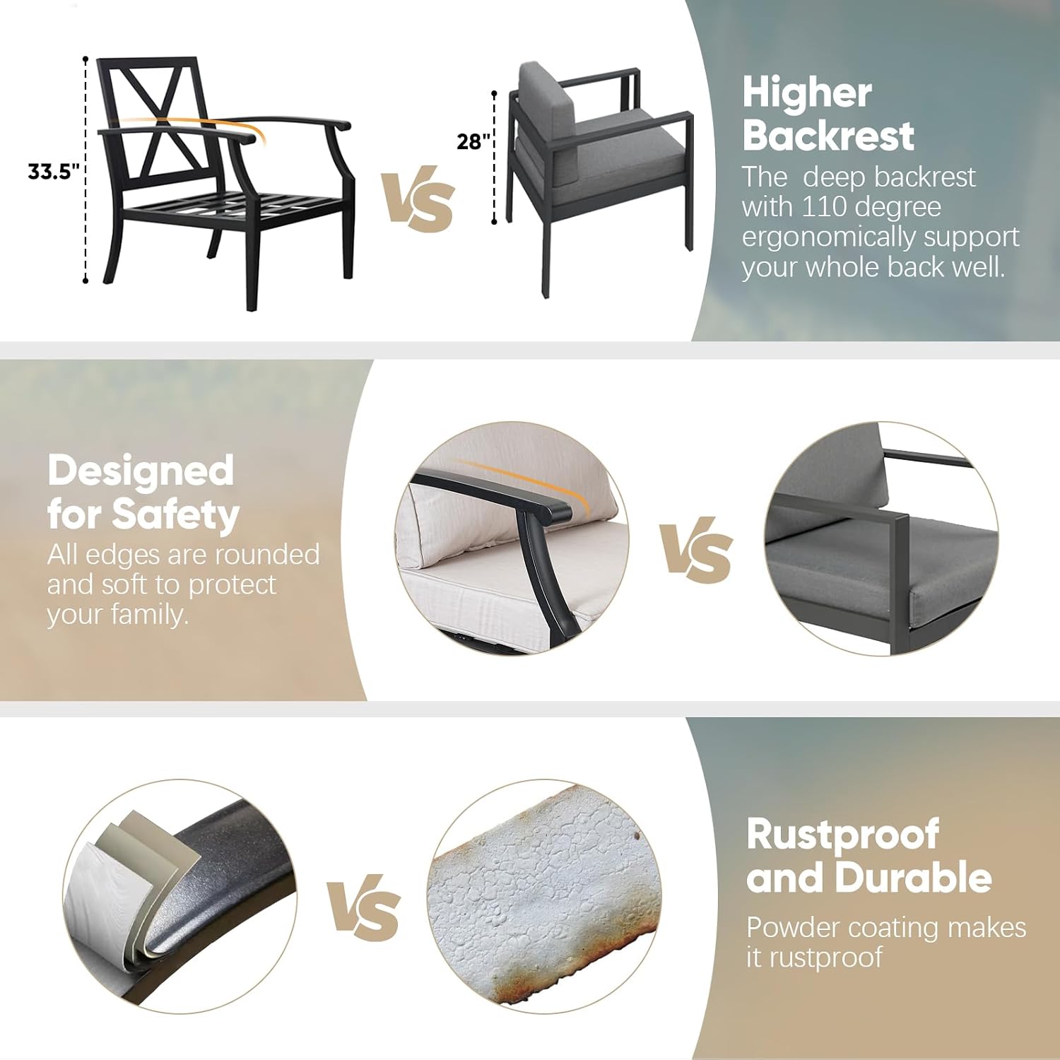 JOYURE 4 Pieces Patio Furniture Set w/loveseat,Coffe Table,Outdoor Conversation Metal Sofa with High Back and Thick Cushion,for Backyard,Garden,Beige