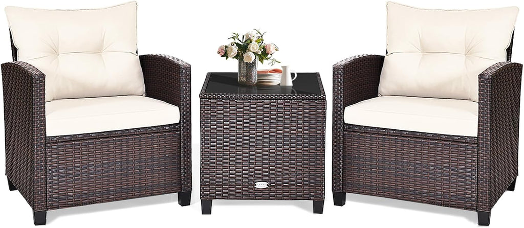 KOTEK 3 Piece Patio Furniture Set, Outdoor Conversation Set with Washable Cushions & Tempered Glass Tabletop, PE Rattan Wicker Bistro Set for Porch, Garden, Balcony (White)