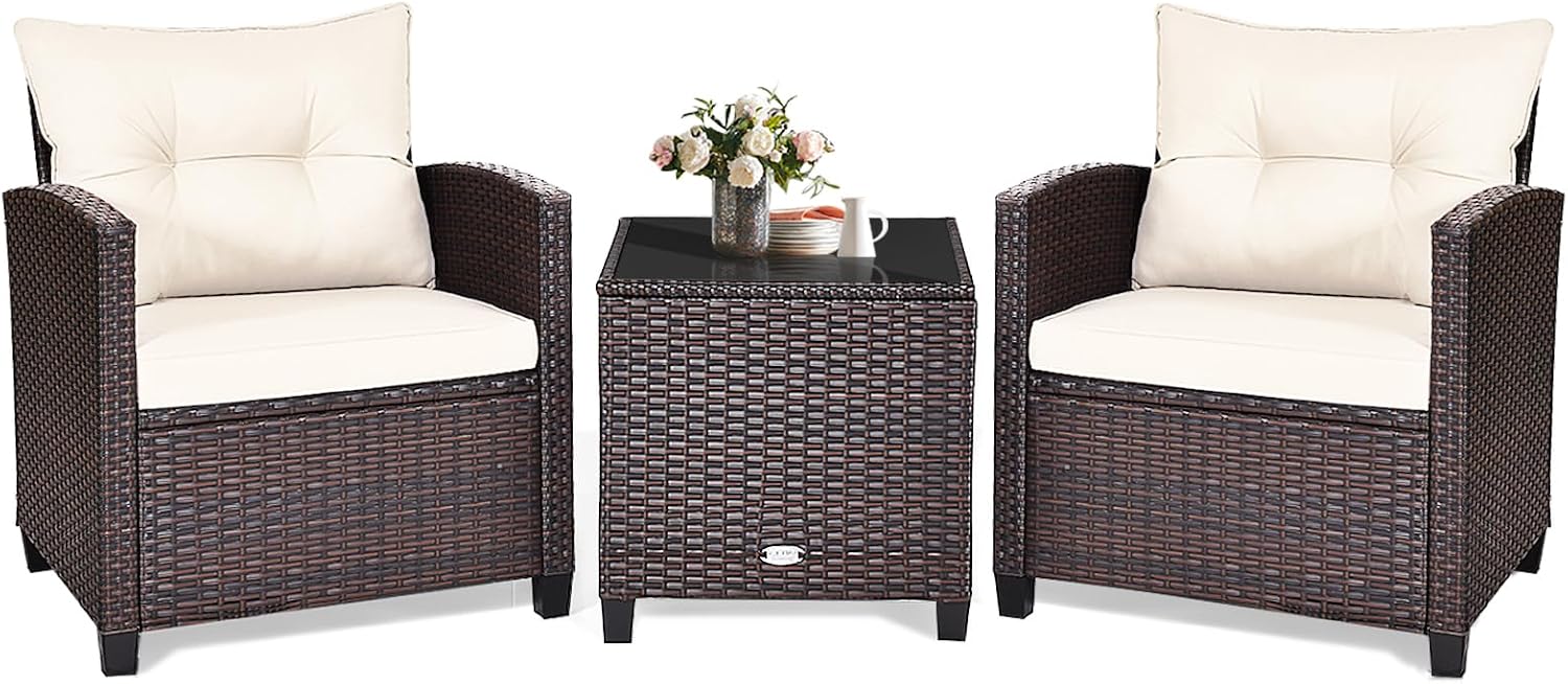 KOTEK 3 Piece Patio Furniture Set, Outdoor Conversation Set with Washable Cushions & Tempered Glass Tabletop, PE Rattan Wicker Bistro Set for Porch, Garden, Balcony (White)