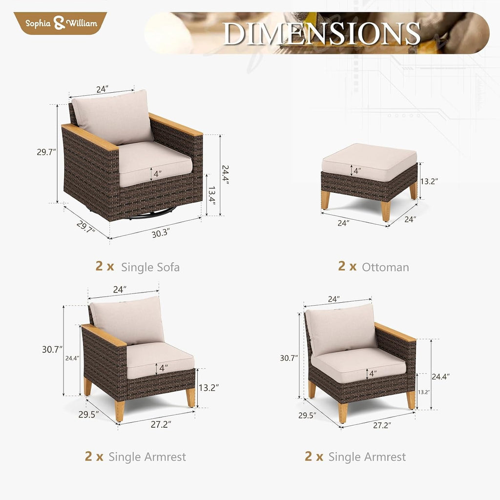 Sophia & William Patio Furniture Set with Swivel Chairs, 8 Piece Outdoor Wicker Sectional Furniture Modular Sofa Couch, Conversation Set for Deck Backyard Lawn, Beige