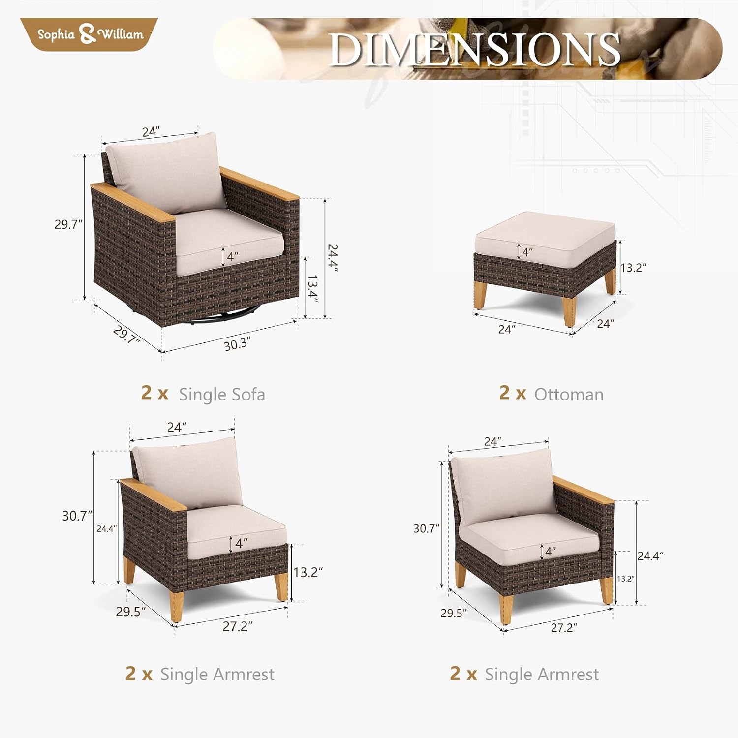 Sophia & William Patio Furniture Set with Swivel Chairs, 8 Piece Outdoor Wicker Sectional Furniture Modular Sofa Couch, Conversation Set for Deck Backyard Lawn, Beige