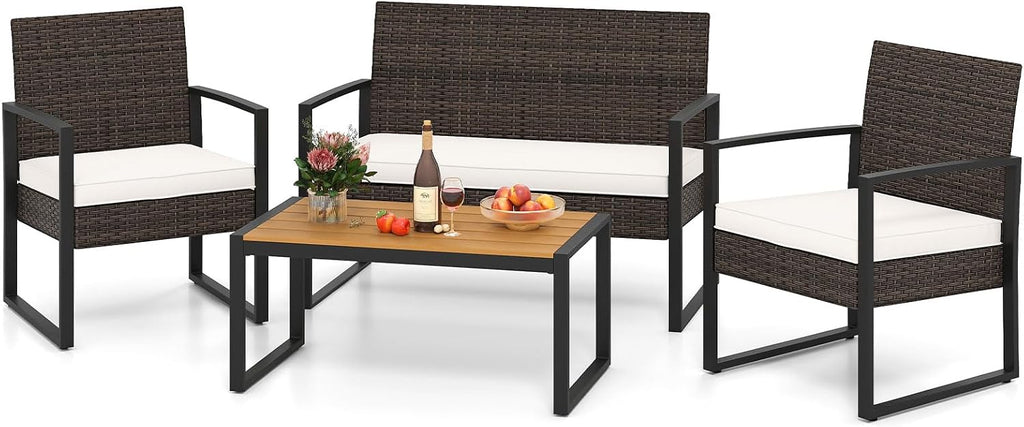 Tangkula 4 Pieces Patio Furniture Set, Outdoor Rattan Conversation Set w/Cushioned Chairs & Wood Plastic Coffee Table, Wicker Sectional Seating Furniture for Backyard, Poolside, Porch (Off White,1)