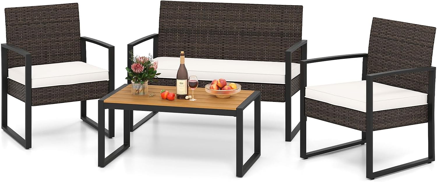 Tangkula 4 Pieces Patio Furniture Set, Outdoor Rattan Conversation Set w/Cushioned Chairs & Wood Plastic Coffee Table, Wicker Sectional Seating Furniture for Backyard, Poolside, Porch (Off White,1)