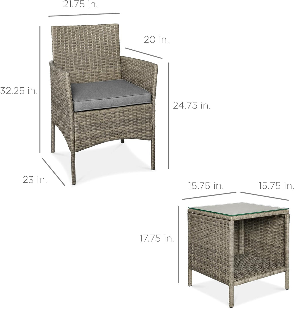 Best Choice Products 3-Piece Outdoor Wicker Conversation Bistro Set, Space Saving Patio Furniture for Garden w/Side Table - Taupe/Cement Gray