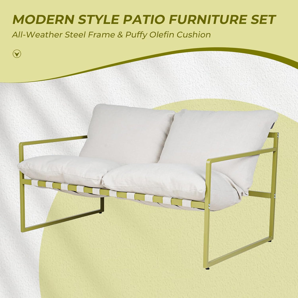Grand patio 4-Piece Outdoor Furniture Set, Modern Patio Furniture with Soft Cushions, Small Metal Sofa Couch with Coffee Table, Conversation Set for Porch Deck Balcony Backyard Living Room, Green