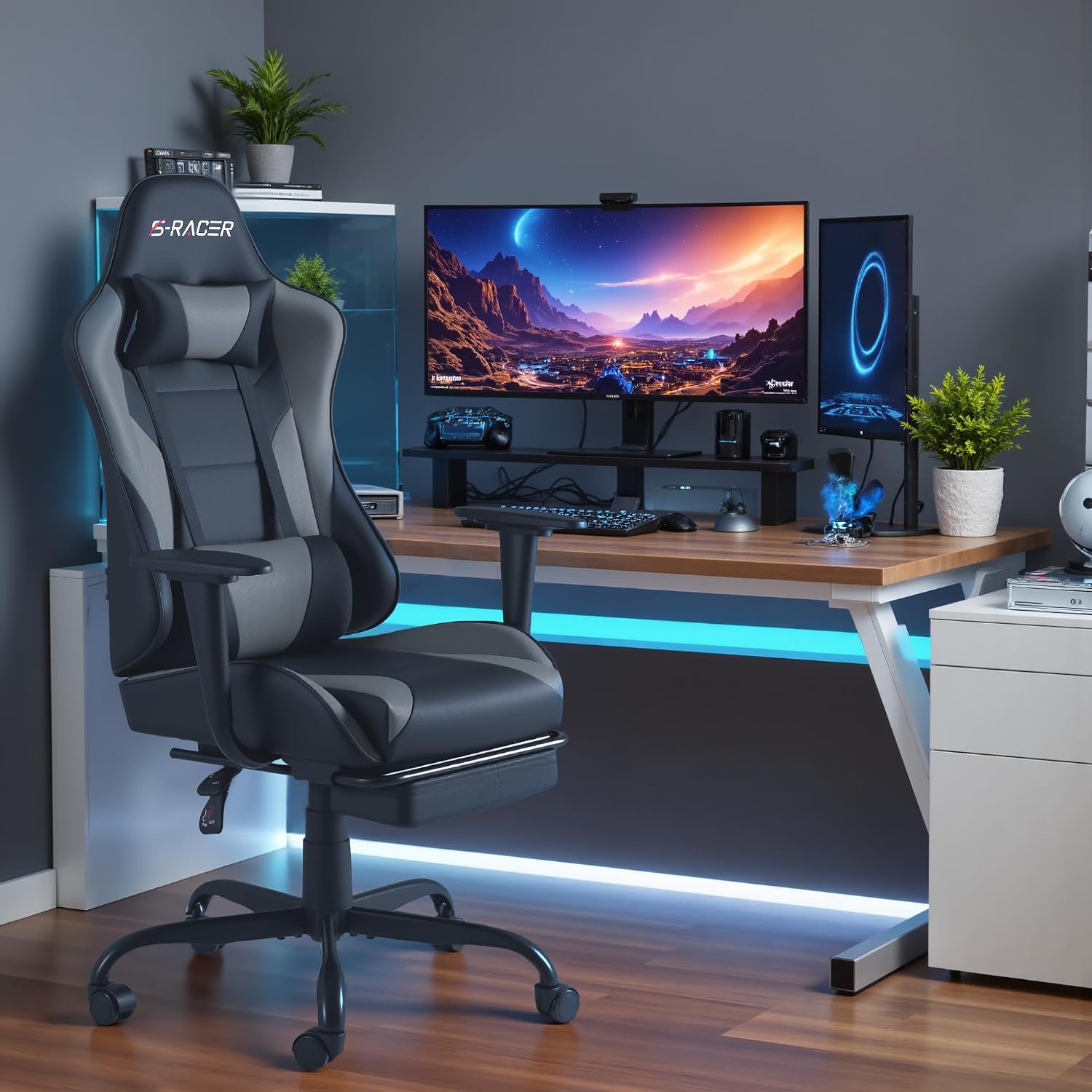 Homall Gaming Chairs, Computer Chair with Footrest and Massage Lumbar Support, Height Adjustable Game Chair with Headrest and Swivel Seat (Light Grey)