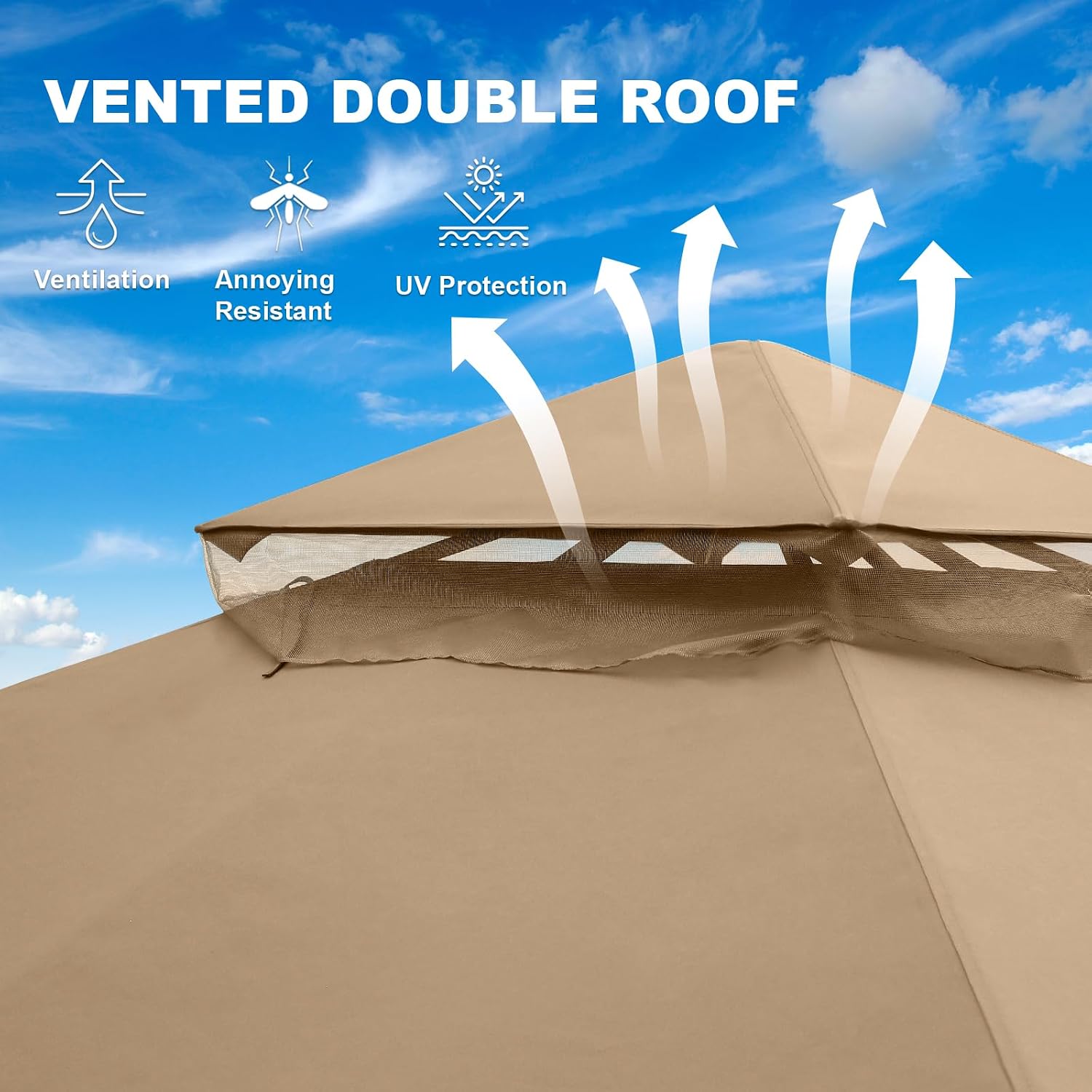 Outdoor Gazebo with Mosquito Netting 13x11 at Top and 12x10 at Base, Double Tier Roof Patio Gazebo Pavilion for Backyards, Patio, Garden and Lawn, Brown