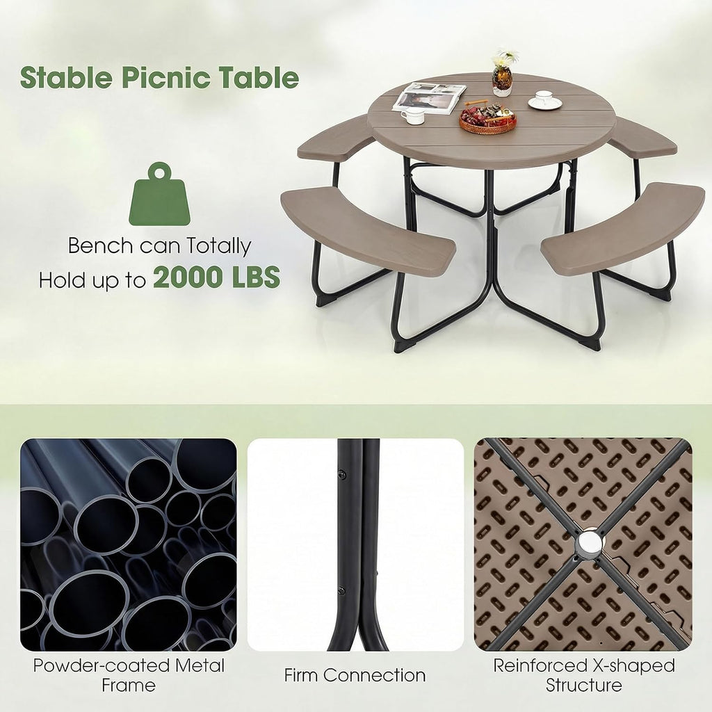 Giantex Picnic Table Set for Up to 8 Persons, Round Outdoor Table and Bench Set with Umbrella Hole, HDPE Top & Metal Frame, 2000LBS Capacity, Patio Table Bench for Deck Backyard Garden, Coral Reef