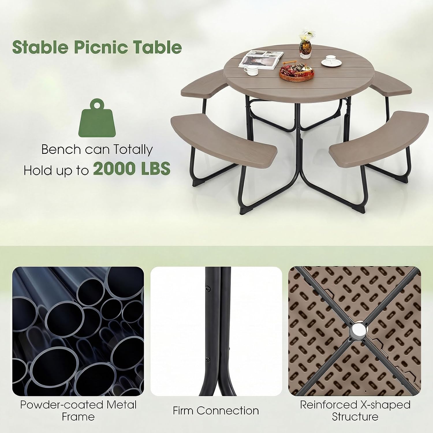 Giantex Picnic Table Set for Up to 8 Persons, Round Outdoor Table and Bench Set with Umbrella Hole, HDPE Top & Metal Frame, 2000LBS Capacity, Patio Table Bench for Deck Backyard Garden, Coral Reef