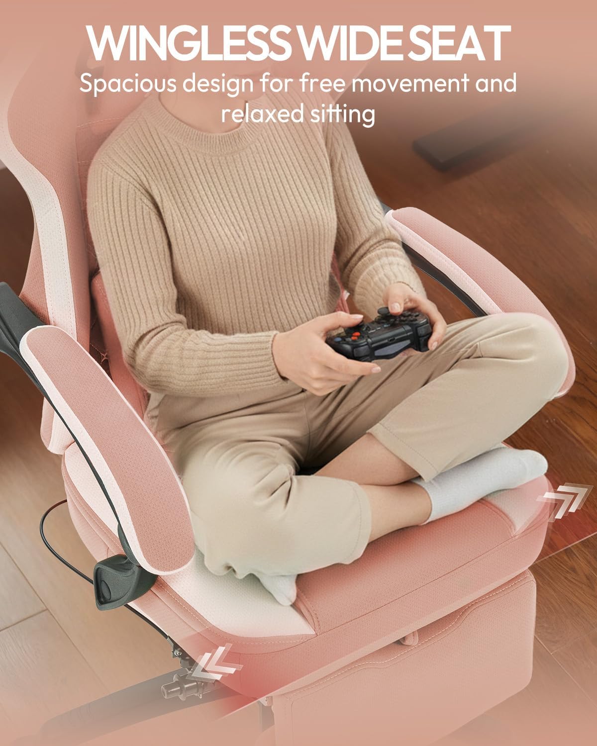 Dowinx Gaming Chair Breathable Fabric Game Chair with Gel Pad and Storage Bag, Comfortable Gamer Chair with Pocket Spring Cushion, Ergonomic Computer Chair with Footrest, Pink and White