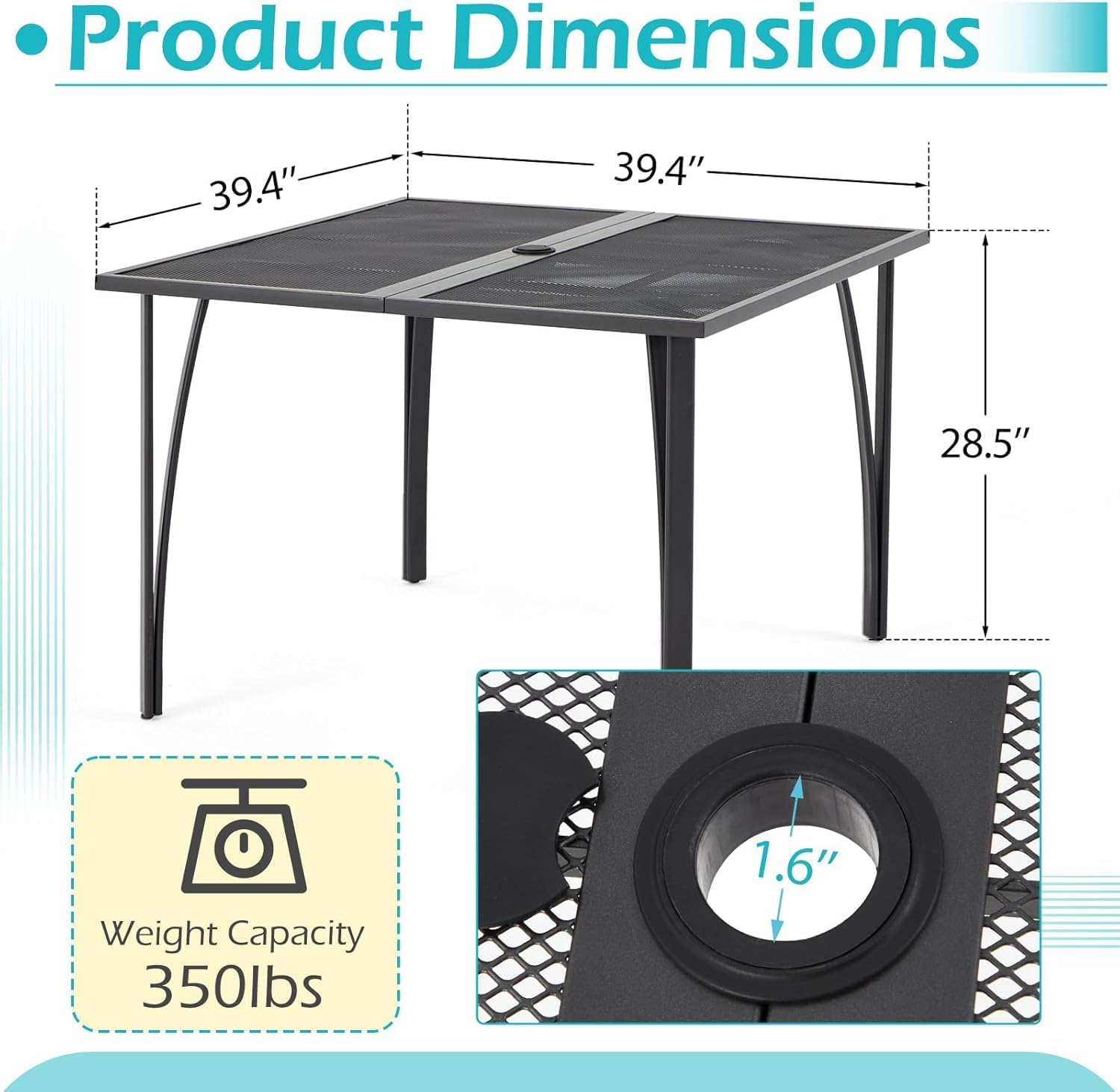 AECOJOY39.4 Outdoor Patio Dining Table and Chairs Set for 4, Square Metal Patio Table with 1.6' Umbrella Hole, All-Weather Resistant Outdoor Furniture Table Set for Patio, Backyard, Garden, Poolside