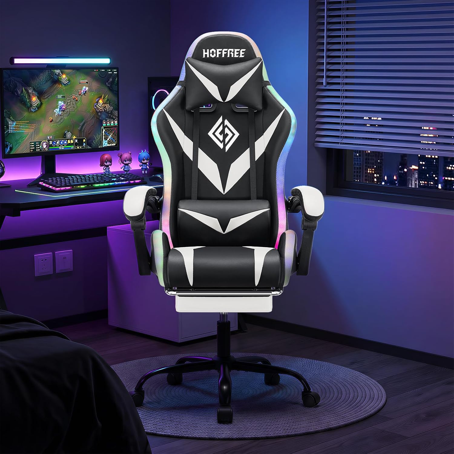 RGB Gaming Chair with Massage and LED Lights Ergonomic Computer Chair with Footrest Reclining High Back Video Game Chair for Adults with Adjustable Lumbar Support White and Black