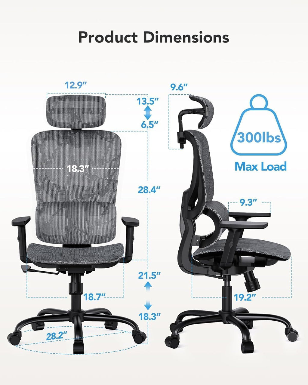 HUANUO Ergonomic Mesh Office Chair with 5-Level Lumbar Support, Computer Gaming Chair with Adjustable Headrest & Armrests, Rocking Tilt, Comfortable High Back Desk Chair for Home Office,4 Pack