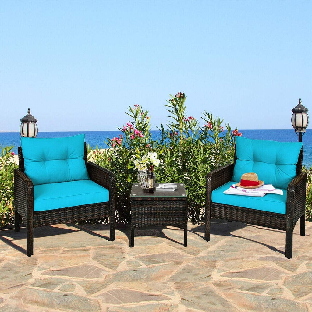 HAPPYGRILL 3 Piece Patio Furniture Set Outdoor Rattan Wicker Coffee Table & Chairs Set with Seat Cushions Patio Conversation Set for Garden Balcony Backyard Poolside