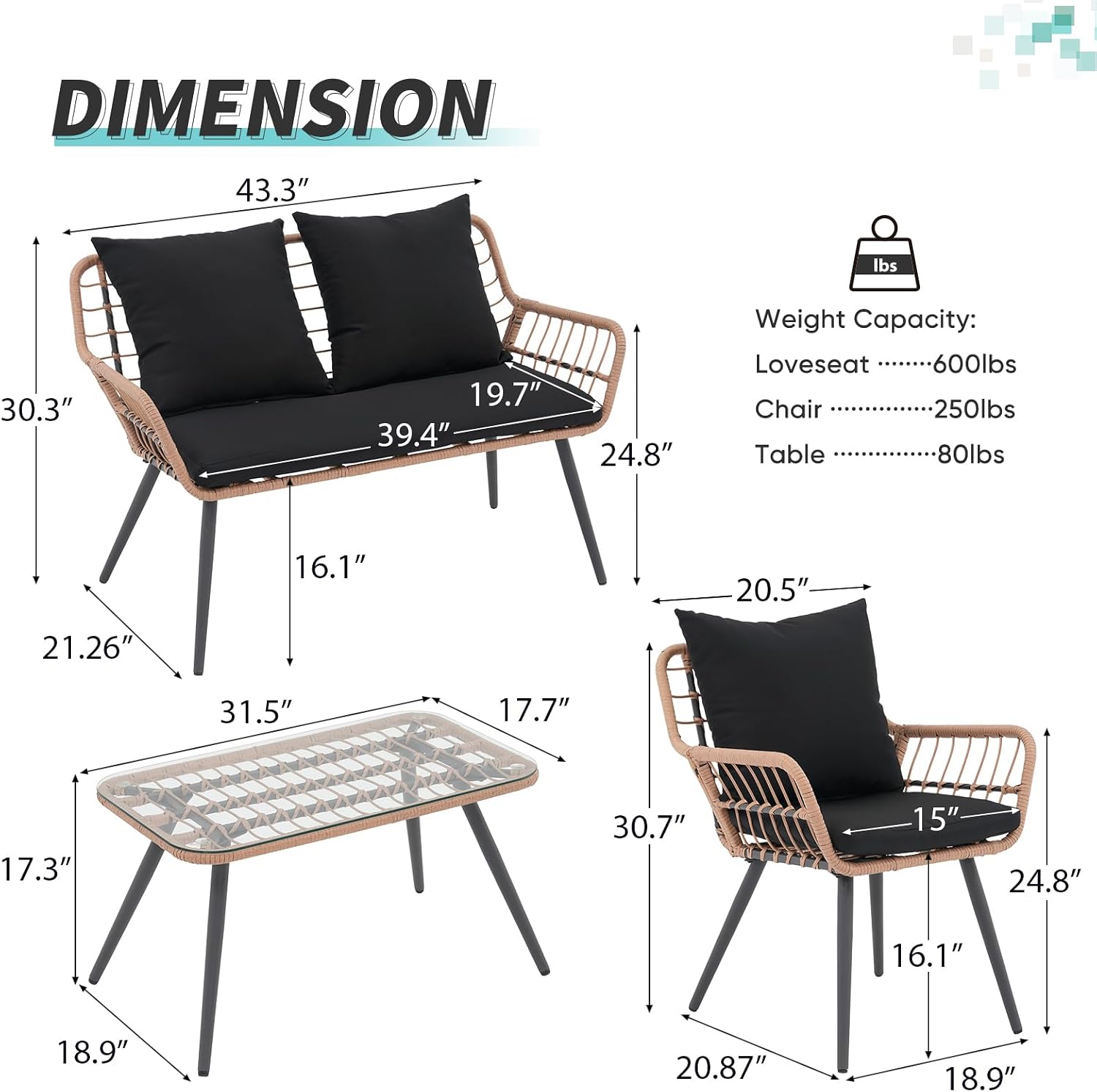 Verano Garden 4 Pieces Patio Furniture Set, Outdoor Wicker Patio Conversation Set for Porch Deck, Boho Loveseat & 2 Armchairs with Cushion and Pillow, Tempered Glass Table