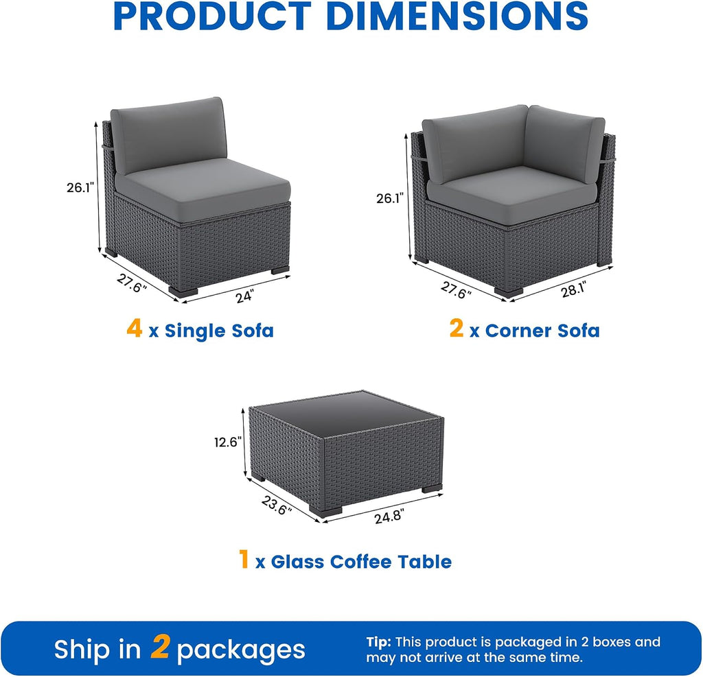 Patio Furniture Sets, 7-Piece Outdoor Patio Furniture with Thick Cushions,Coffee Table Outdoor All-Weather Conversation Set Sectional Sofa for Backyard, Poolside, Garden(Grey)