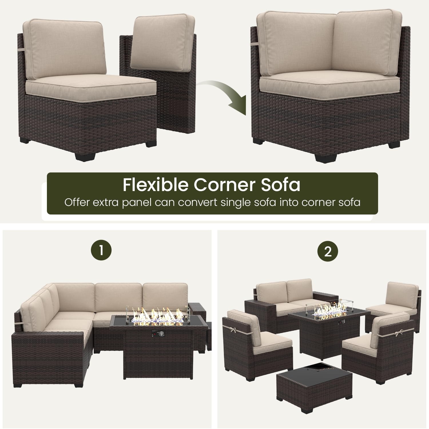 LayinSun 13 Pieces Outdoor Patio Furniture Set with 44' Fire Pit Table Brown Rattan Sectional Sofa Conversation Sets