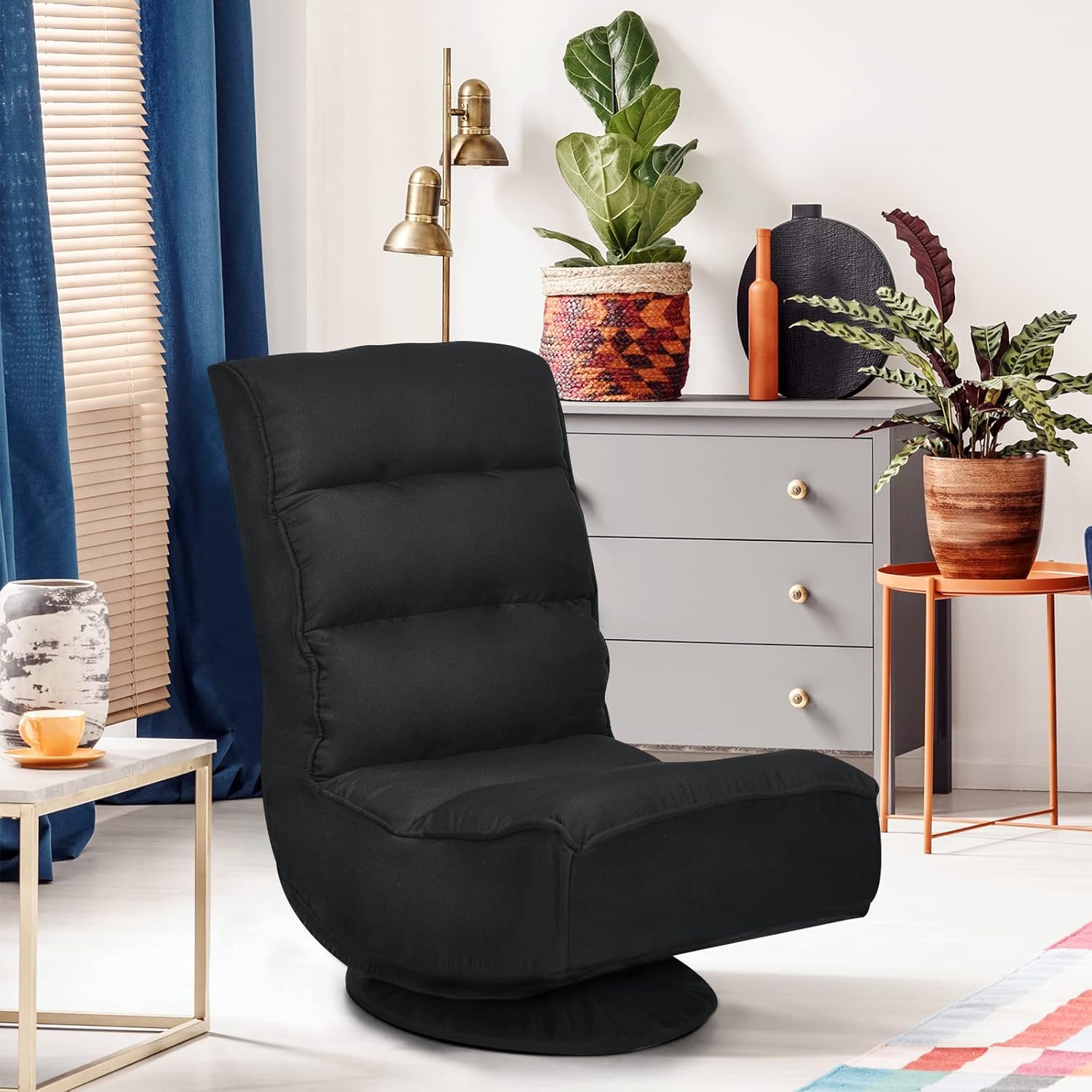 COSTWAY Folding Floor Chair, Adjustable 5-Position Video Gaming Chair with 360 Degree Swivel, Detachable Cover, Padded Backrest, Multipurpose Living Room Floor Lounger for TV, Reading, Playing (Black)