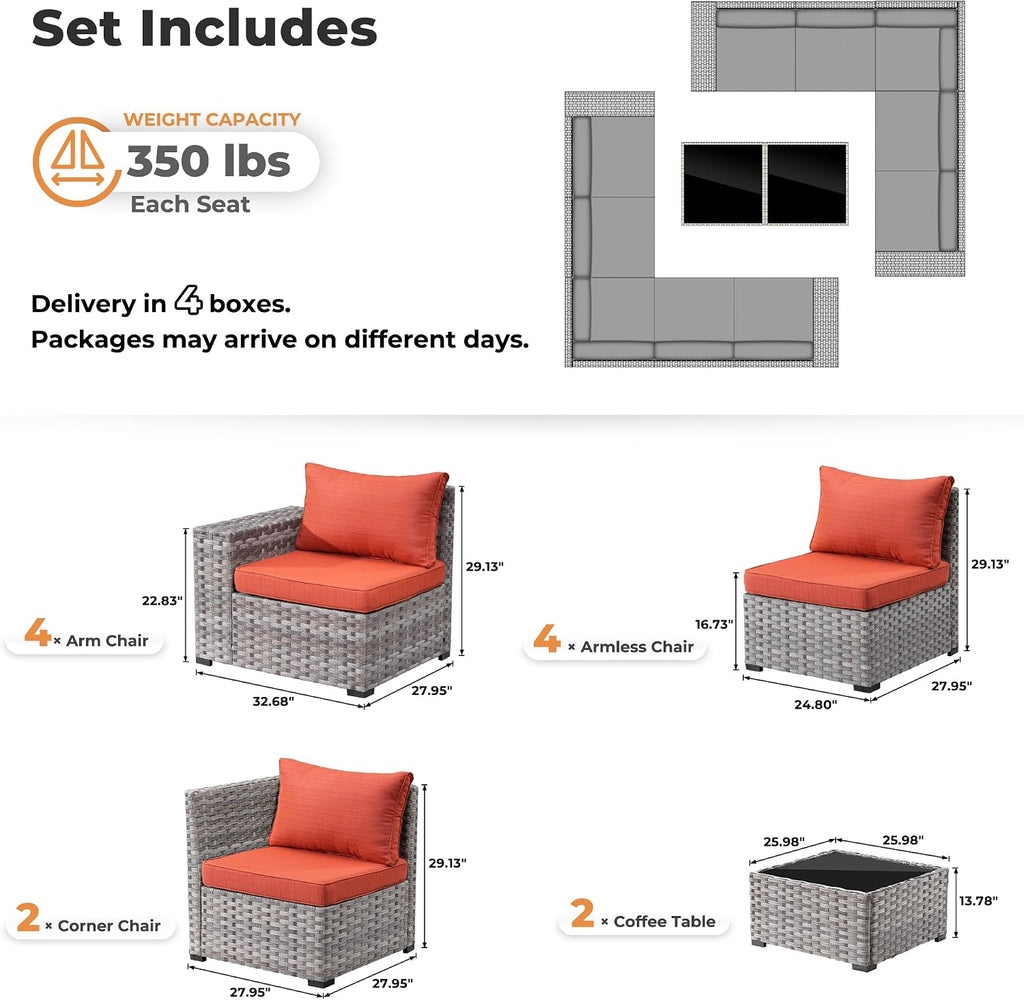 ovios 12 Pieces Patio Furniture Set, Outdoor Wicker Sectional Sofa with Coffee Table Comfy Cushions, Modern Modular Deep Seat Couch Rattan Conversation Set, Orange Red