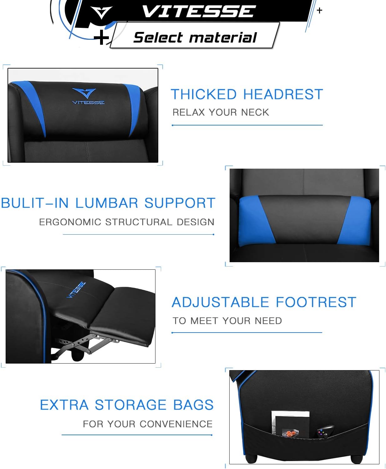 VITESSE VIT Gaming Recliner Chair Racing Style Single PU Leather Sofa Modern Living Room Recliners Ergonomic Comfortable Home Theater Seating, Blue.