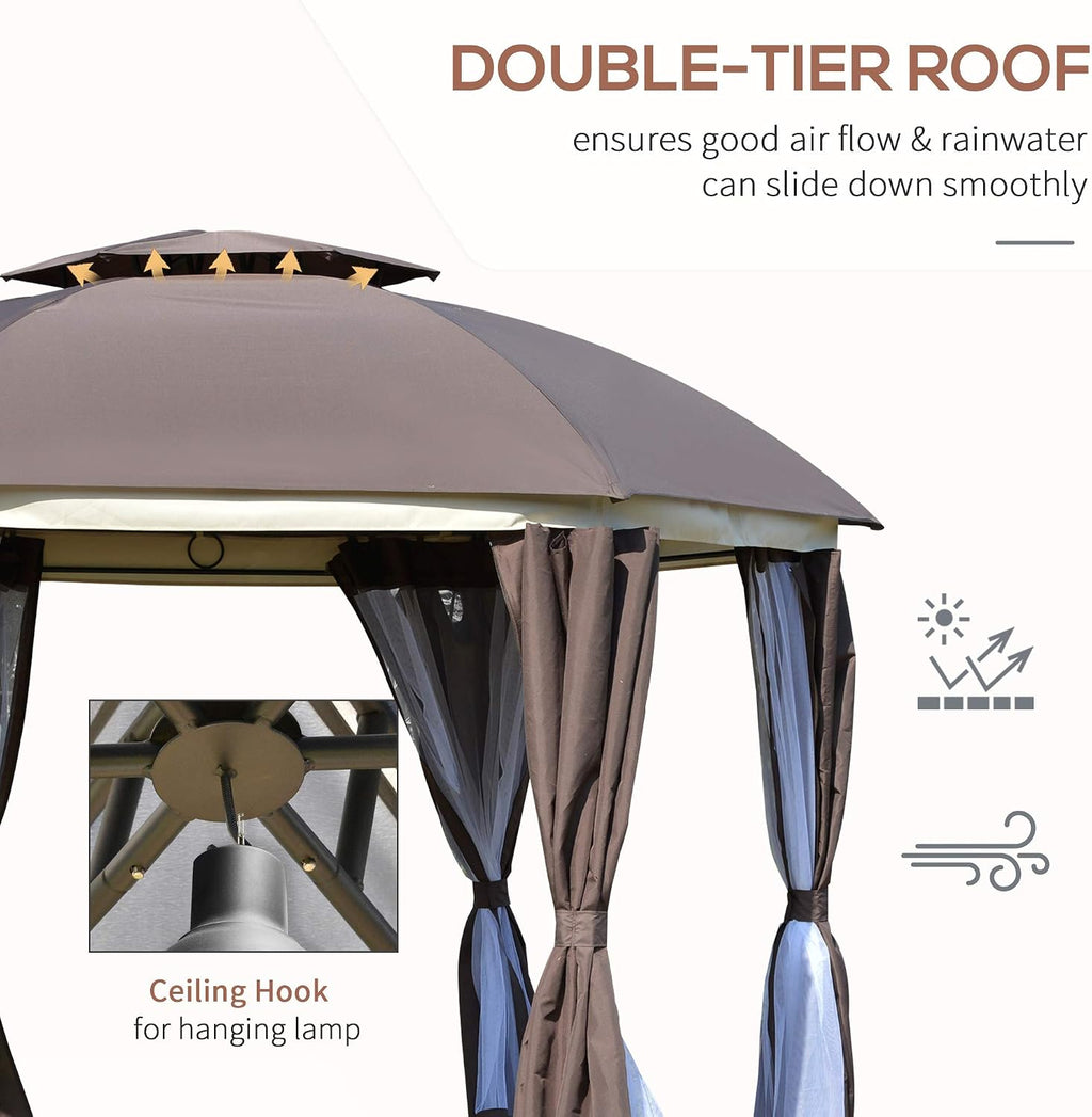 Outsunny 12' x 12' Round Outdoor Gazebo, Patio Dome Gazebo Canopy Shelter with Double Roof, Netting Sidewalls and Curtains, Zippered Doors, Strong Steel Frame, Brown