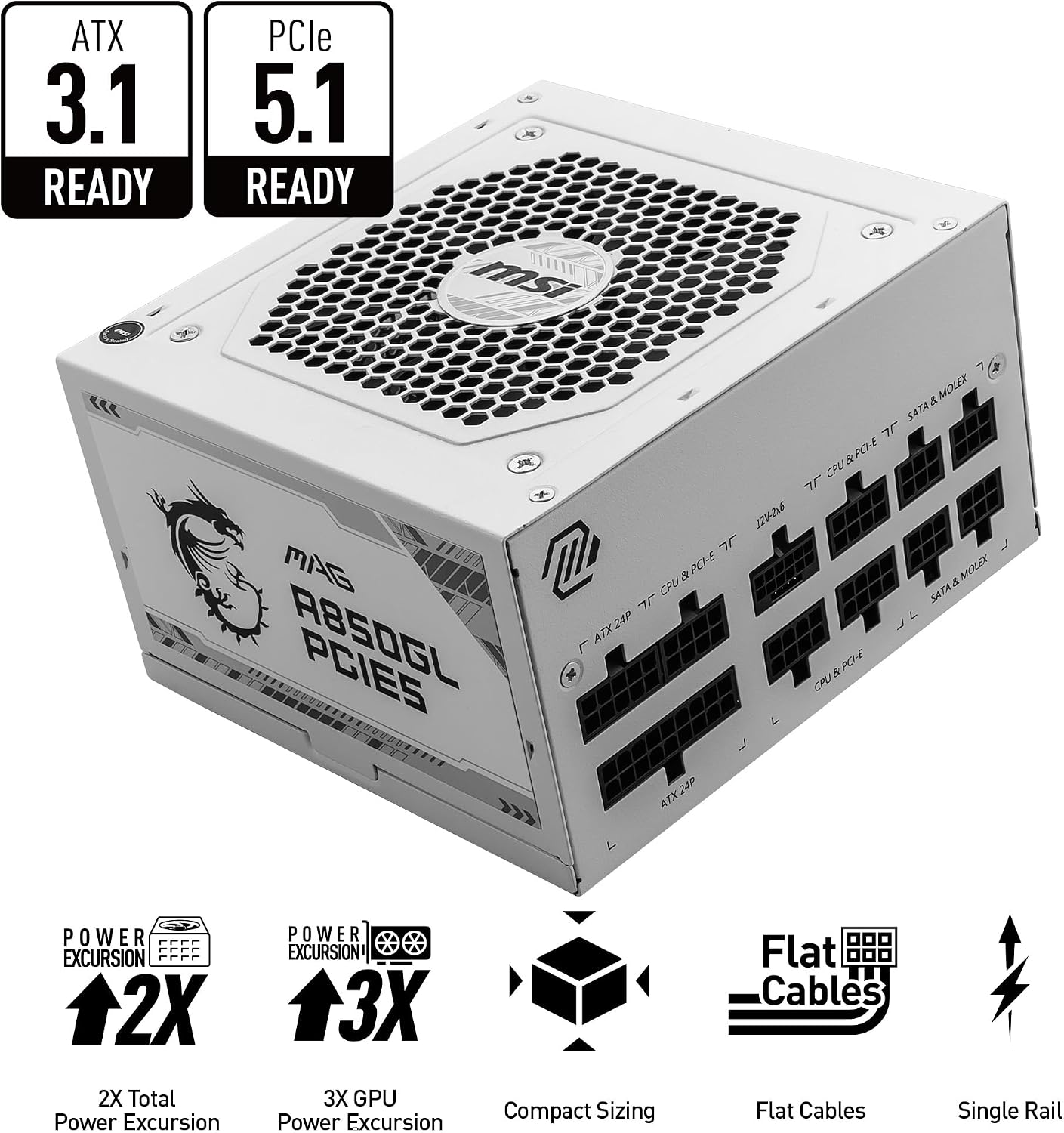 MSI MAG A850GL PCIE5 White, Fully Modular Compact Gaming 850W Power Supply, 80+ Gold, ATX 3.1 & PCIe 5.1 Ready, Native Dual-Color 12V-2x6 Cable, 10 Year Warranty