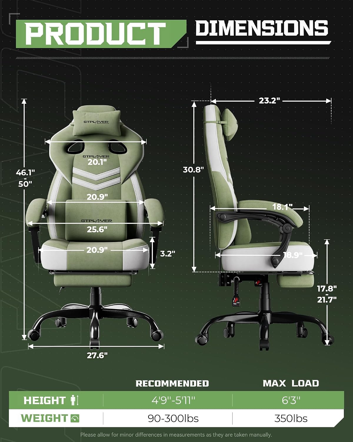 GTPLAYER Gaming Chair, Computer Chair with Footrest and Lumbar Support for Adults, 360°-Swivel Big & Tall Reclining Seat for Office or Gaming (Green)