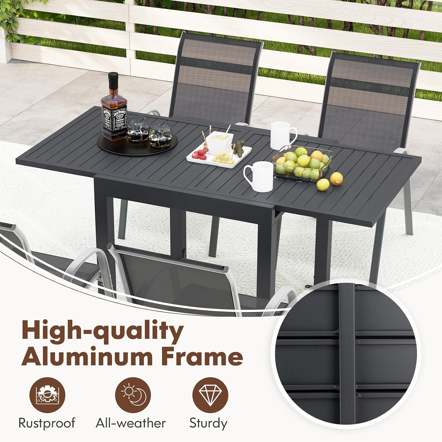 Tangkula 5 Piece Patio Dining Set for 4, Patio Furniture Set with Extendable Aluminum Table & 4 Metal Stackable Chairs, Outdoor Table and Chairs Set for Backyard Garden Deck