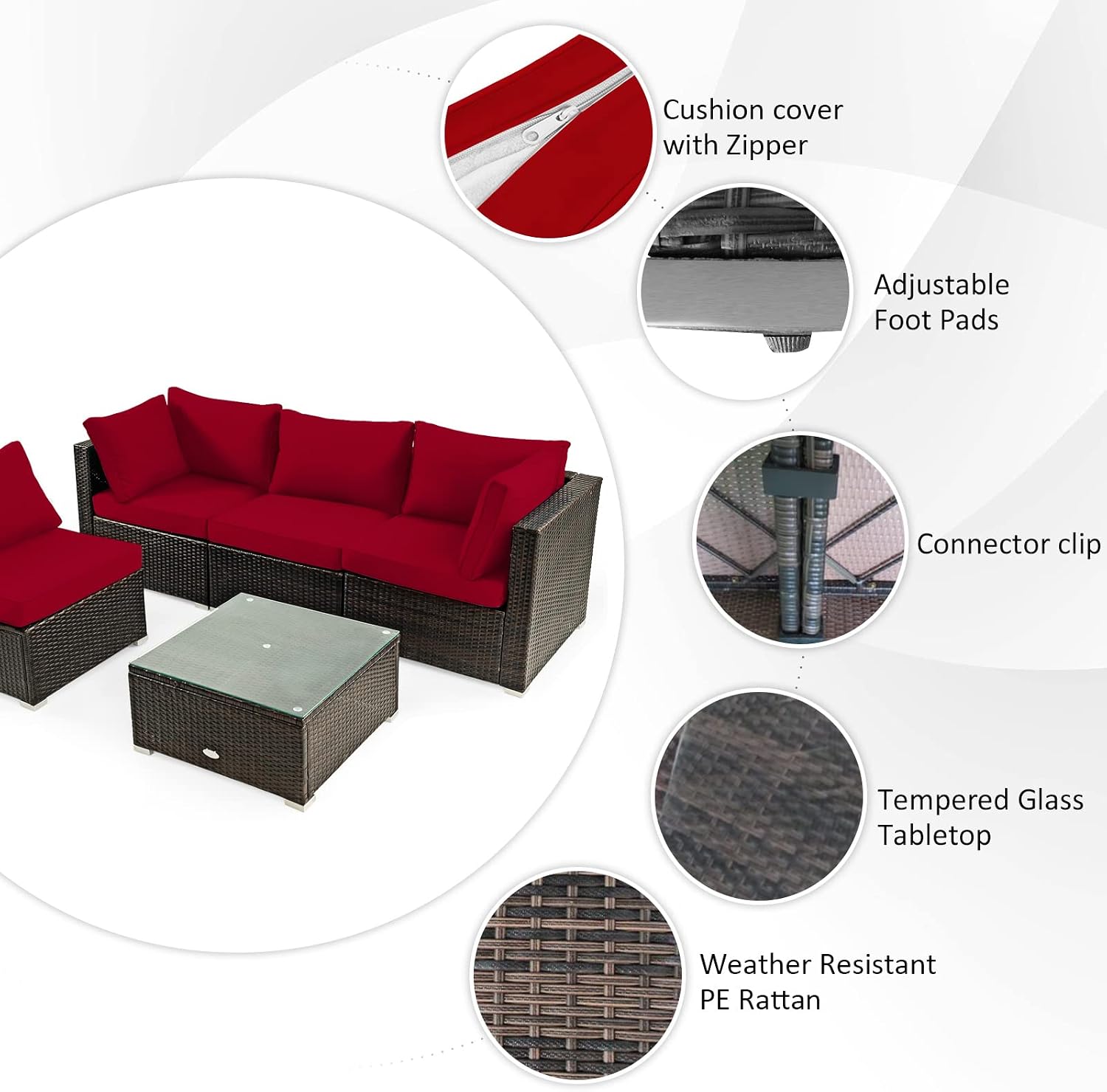 Tangkula 6-Piece Patio Furniture Set with 30' Propane Fire Pit Table, Outdoor PE Wicker Conversation Set with Cushions and Tempered Glass Coffee Table, Gas Fire Pit Table with 50,000 BTU (Red)
