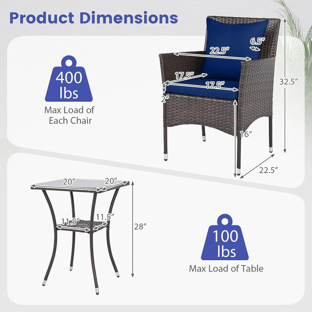 Tangkula 3 Pieces Patio Wicker Bistro Set, 2 Rattan Chairs w/ 2-Tier Tempered Glass Table, Outdoor Conversation Furniture Set with Cushions for Backyard, Porch, Poolside (Mix Brown+Navy)
