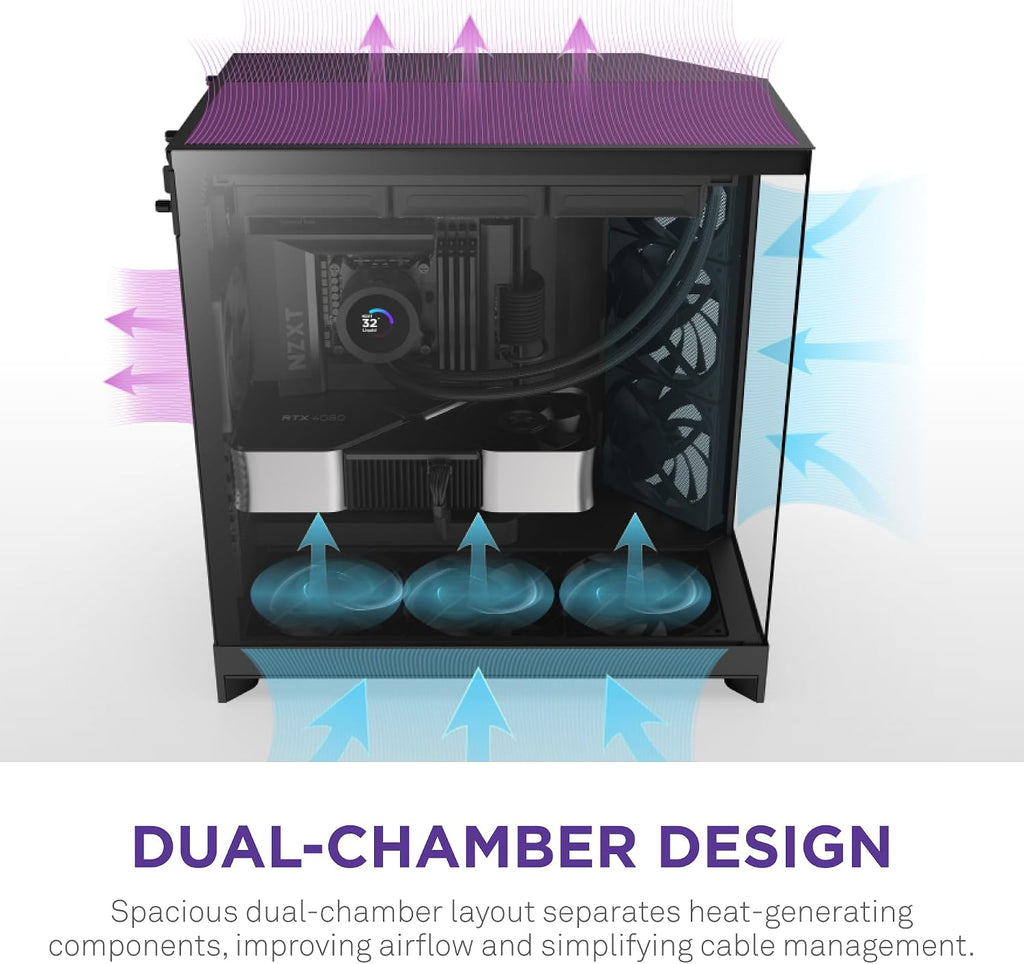 NZXT H9 Flow (2025) – Large Dual-Chamber ATX Mid-Tower Airflow PC Case – Includes 3 x 140mm & 1 x 120mm Fans – 420mm Radiator Support – Tempered Glass – Back-Connect Ready – Black