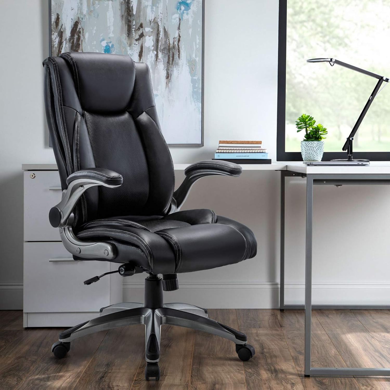 COLAMY Executive Office Ergonomic Chair with Thick Bonded Leather, 300lbs Capacity Big and Tall High Back Desk Chair with Flip-up Armrests, Adjustable Height and Tilt for Working, Study, Gaming,2PC