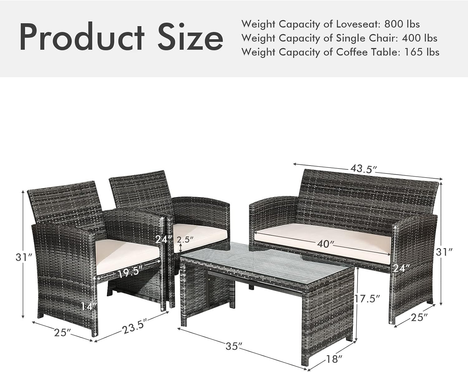 Goplus 4-Piece Rattan Patio Furniture Set, Outdoor Wicker Conversation Sofa with Weather Resistant Cushions and Tempered Glass Tabletop for Lawn Backyard Pool Garden (Beige)