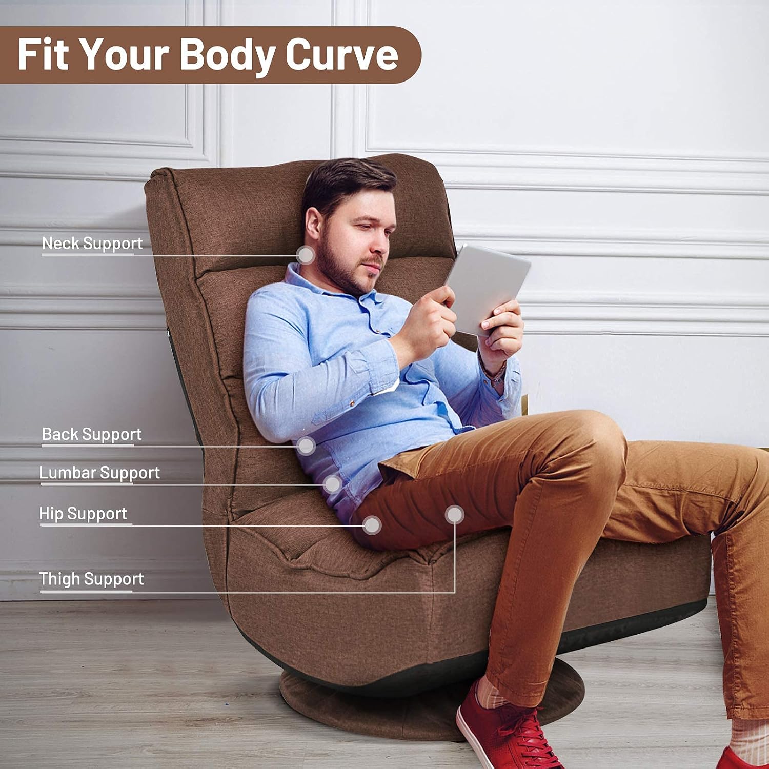 Giantex 360 Degree Swivel Gaming Chair, 6 Position Adjustable Folding Floor Chair, 300lb Spring Support, Comfortable Padded Backrest, Lazy Sofa Chair Game Rocker for Teens Adults (Coffee)