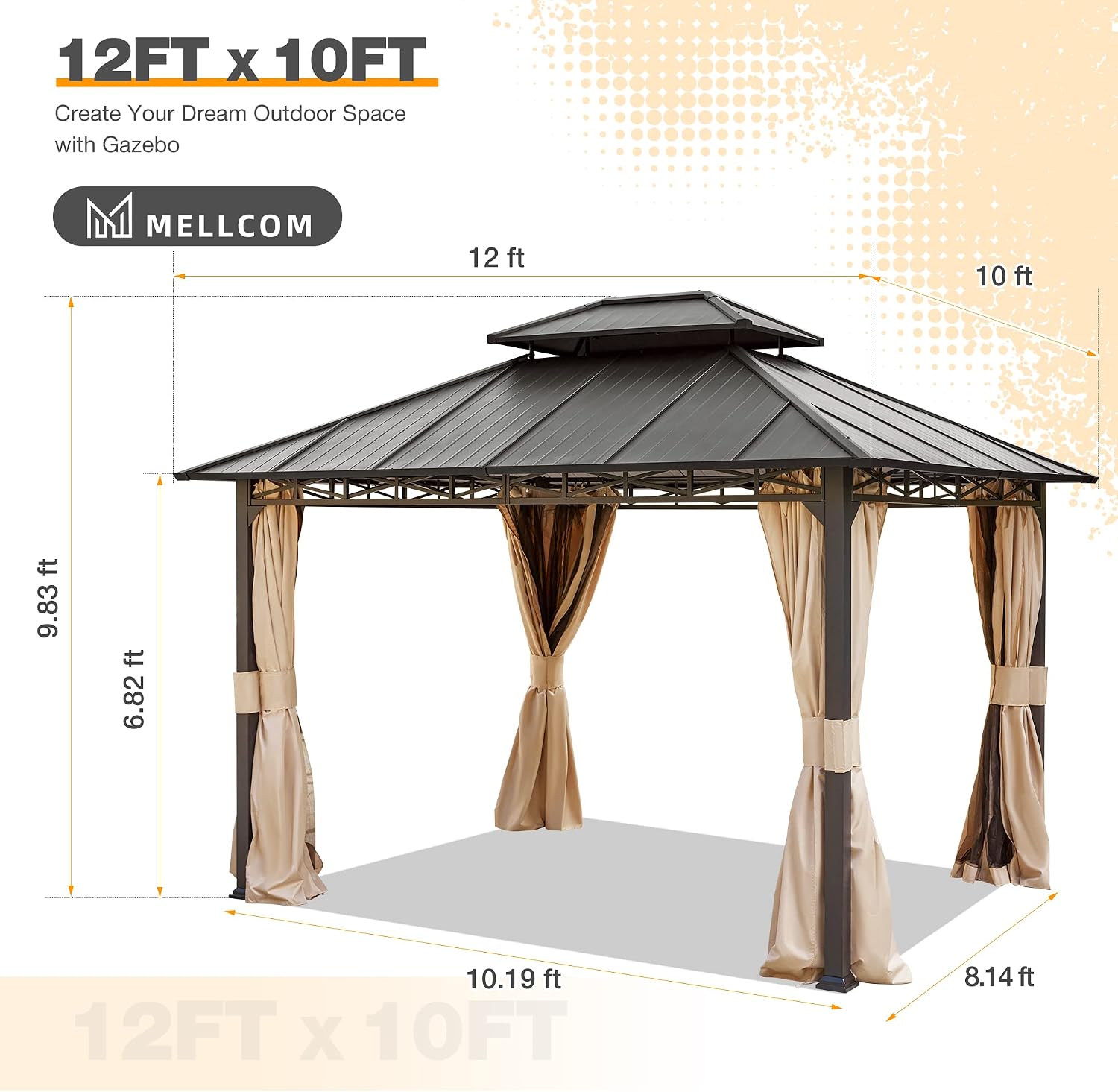 MELLCOM 10'x12' Hardtop Gazebo, Metal Double Roof with Anti-Rust Coating Frame, Outdoor Waterproof Patio Gazebos with Shaded Curtains and Netting for Gardens, Lawns, Deck