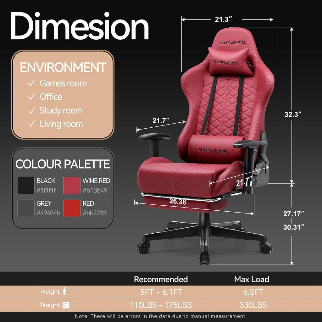 GTPLAYER Gaming Chair, Computer Chair with Bluetooth Speakers, High Back Ergonomic Office Chair Desk Chair with Lumbar Support, Height Adjustable Game Chair with Footrest 330LBS, WineRed