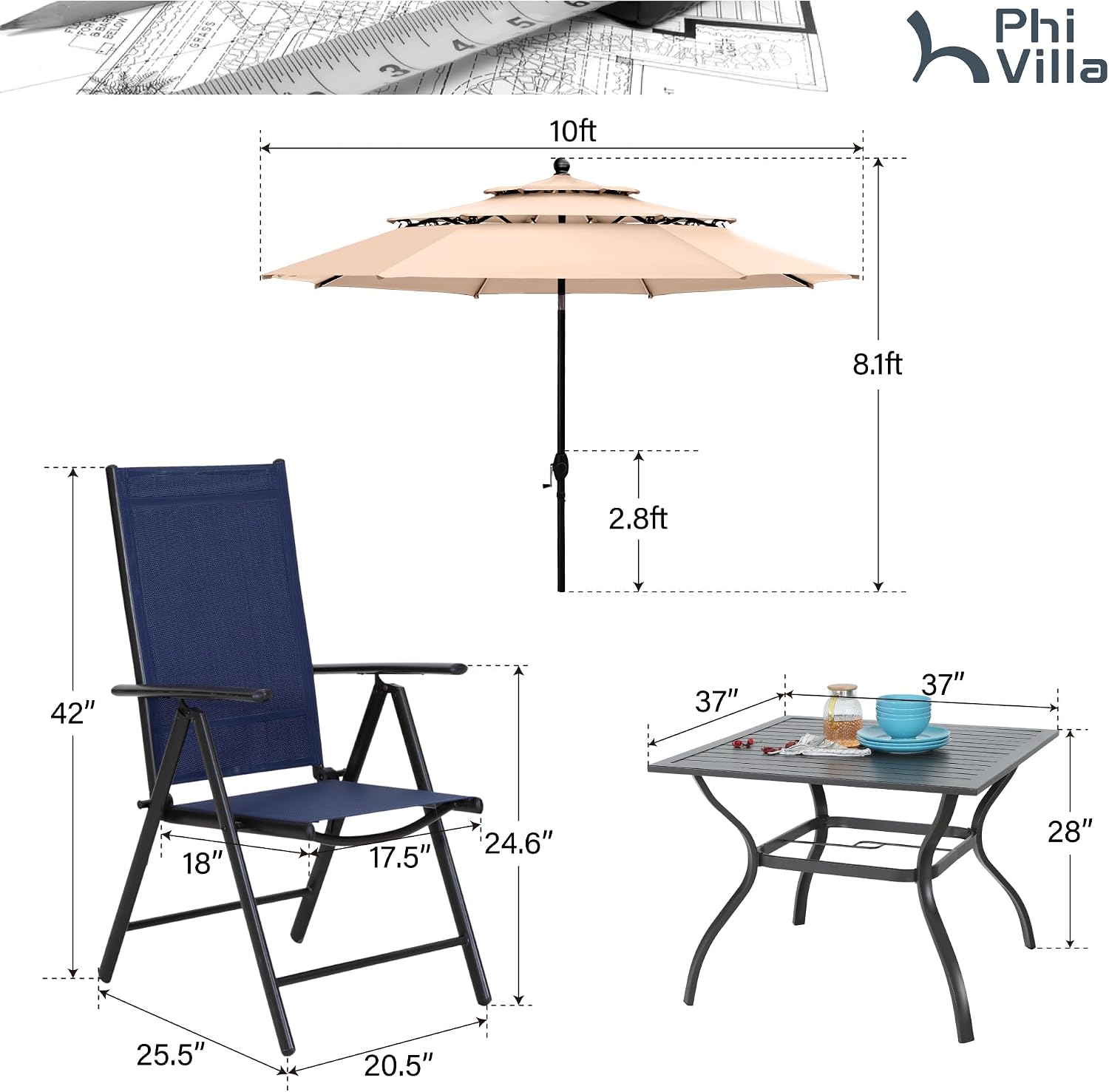 PHI VILLA 5 Pcs Outdoor Patio Dining Set with 10 Ft Umbrella(Beige), Patio Table and Chairs Set for 4 with Folding Patio Chairs (Blue) & Square Metal Outdoor Dining Table for Yard, Lawn and Outside