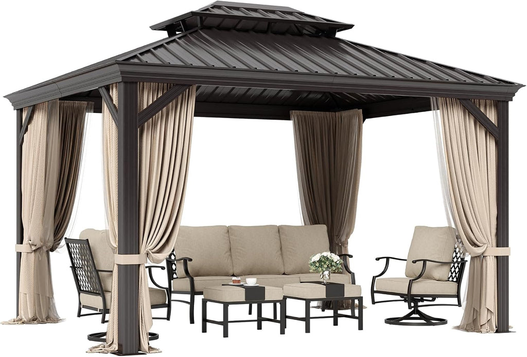 SUNSHINE VALLEY 10'x12' Hardtop Gazebo, Permanent Aluminum Outdoor Gazebo with Galvanized Steel Double Roof & Gutter System, Heavy Duty Patio Pavilion Canopy with Netting and Curtains for Deck, Garden