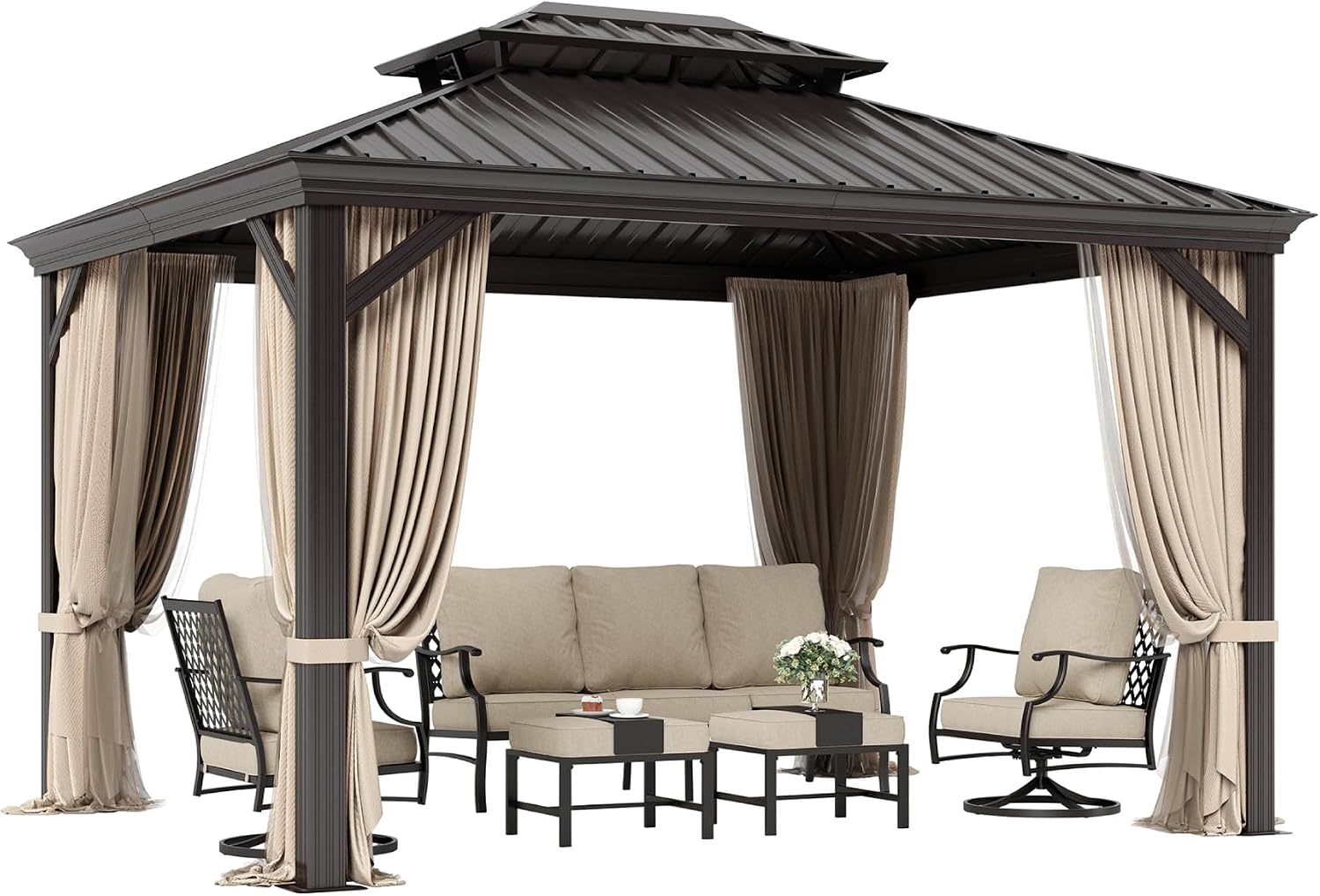 SUNSHINE VALLEY 10'x12' Hardtop Gazebo, Permanent Aluminum Outdoor Gazebo with Galvanized Steel Double Roof & Gutter System, Heavy Duty Patio Pavilion Canopy with Netting and Curtains for Deck, Garden