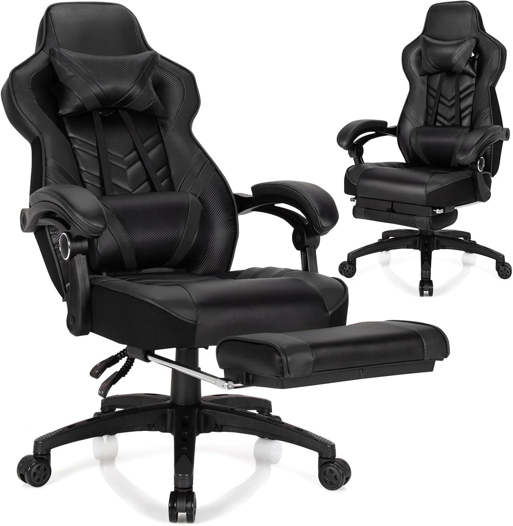 Goplus Gaming Chair, Computer Chair with Footrest and Lumbar Support, Height Adjustable Executive Swivel Rolling Task Chair with 90°-155° Tilt Function (Black)