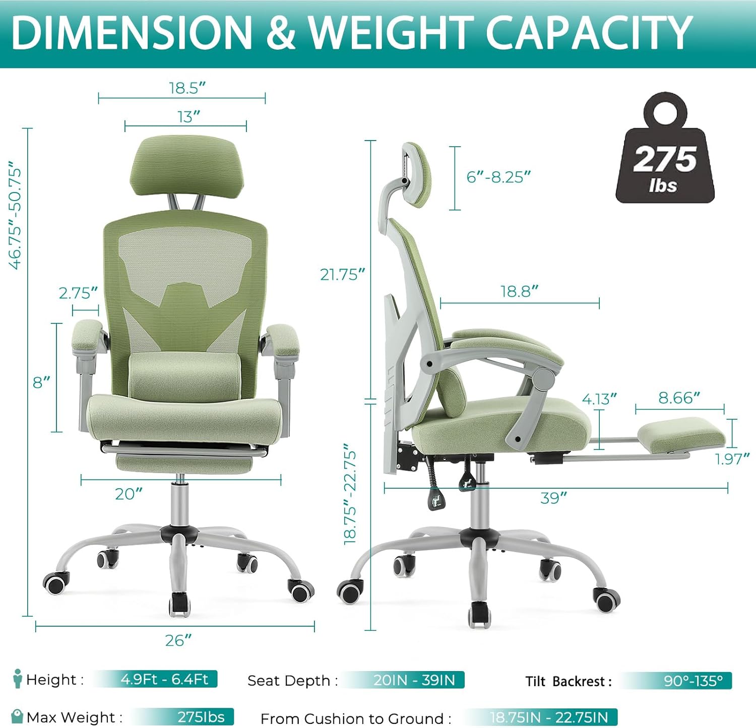 DUMOS Office Desk Chair with Footrest Ergonomic Gaming Chair for Adults Computer Mesh, Lumbar Support,Swivel Reclining with Headrest, Comfy Armrest for Home, Office, Work, Study, Light Green