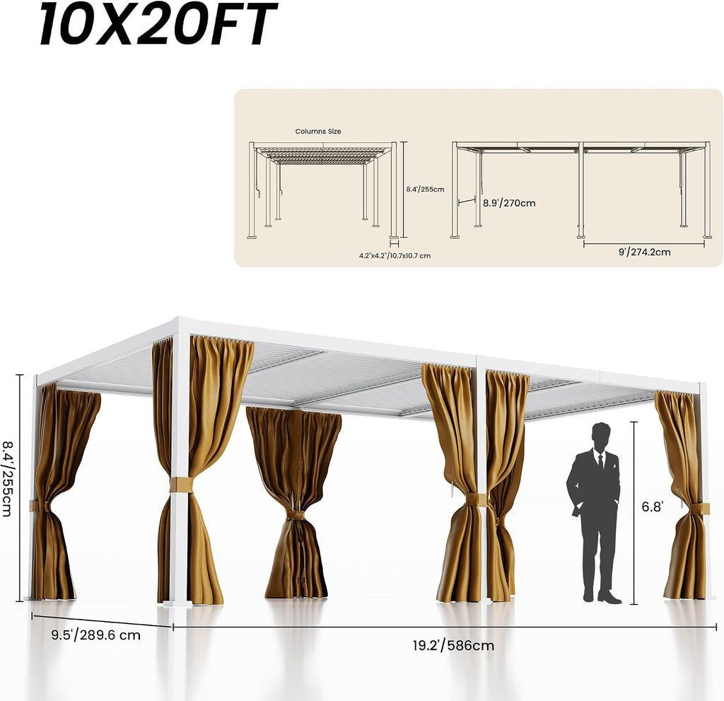 COSIEST 10'X20' Aluminum Louvered Pergola, All-Weather Adjustable Roof with Mosquito-Proof & UV Protection Netting Privacy Curtains for Deck, Backyard, Garden Outdoor Living Space (White)
