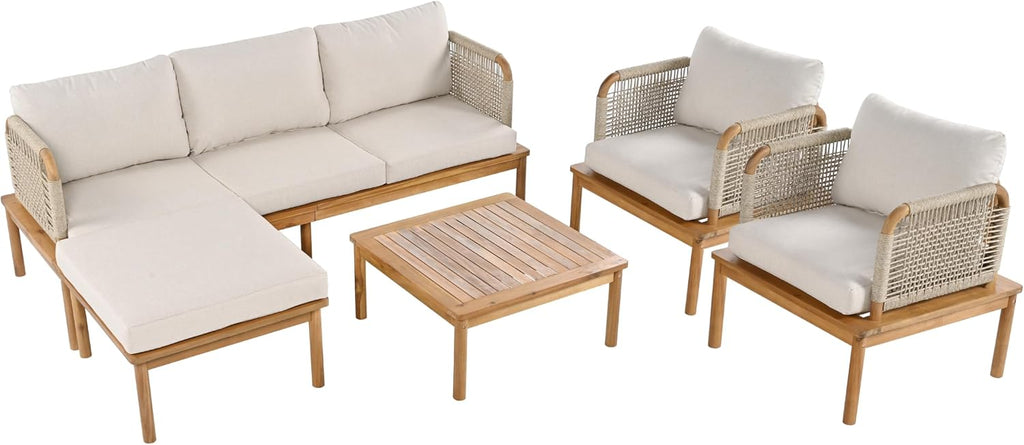Acacia Wood Patio Multi-Person Sofa Set with Coffee Table and Removable Cushion, All-Weather Conversation Set Outdoor Seating for Garden Backyard Poolside Balcony (Teak+Beige-5PCS)