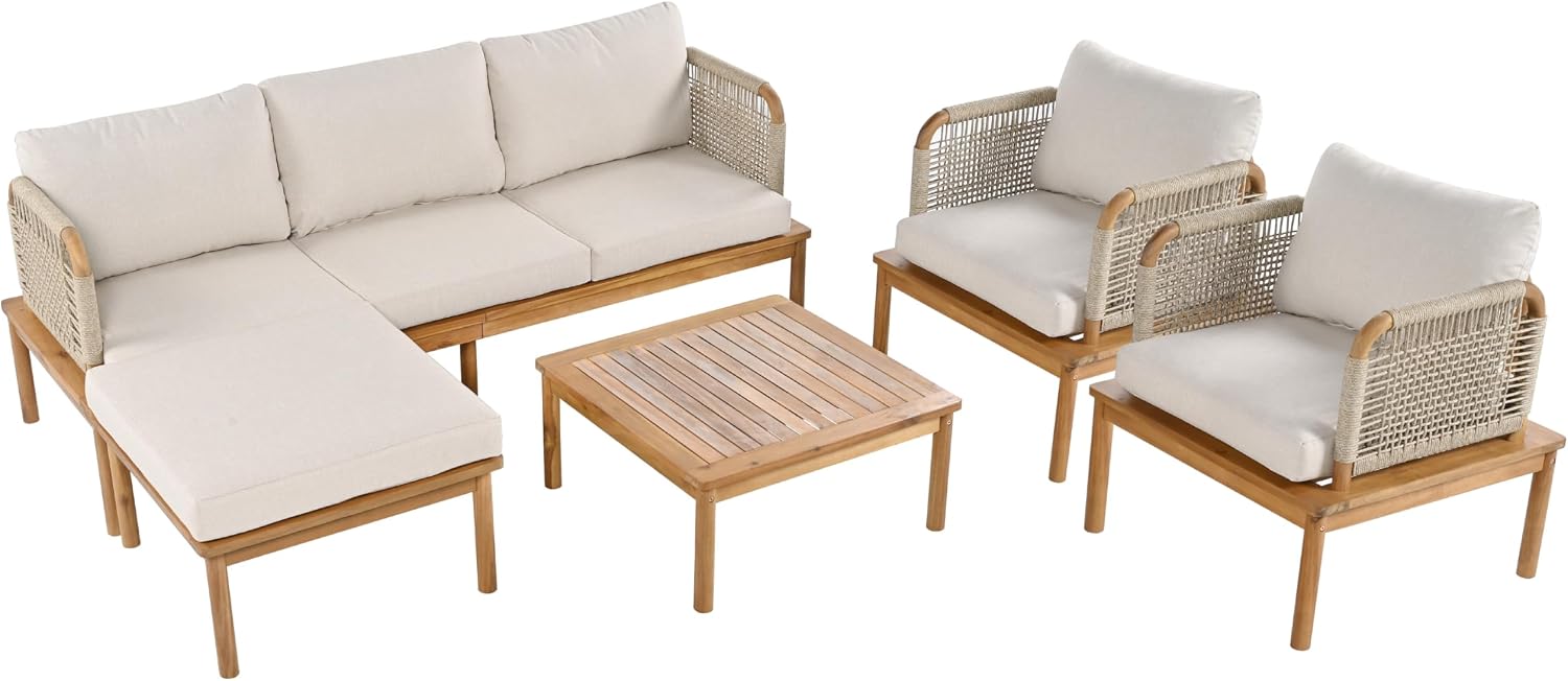 Acacia Wood Patio Multi-Person Sofa Set with Coffee Table and Removable Cushion, All-Weather Conversation Set Outdoor Seating for Garden Backyard Poolside Balcony (Teak+Beige-5PCS)