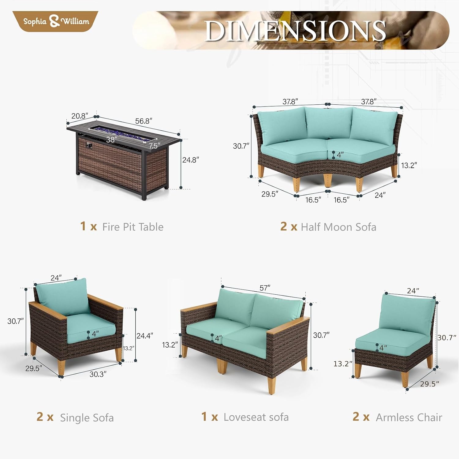 Sophia & William Patio Furniture Set with Fire Pit Table, 9 Piece Half Moon Outdoor Wicker Sectional Sofa Set, Rattan Conversation Set with 56-Inch Fire Pit Table for Backyard, Deck, Pool(Aqua Blue)