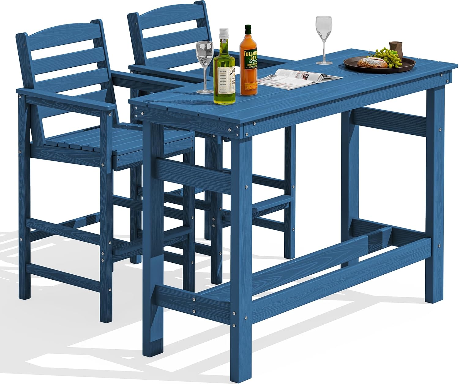 SERWALL Outdoor Bar Table and Chairs Set, Adirondack Bar Chairs Set of 2 and Bar Height Table, All Weather HDPE Patio Bar Set, Outdoor Furniture for Outside, Blue