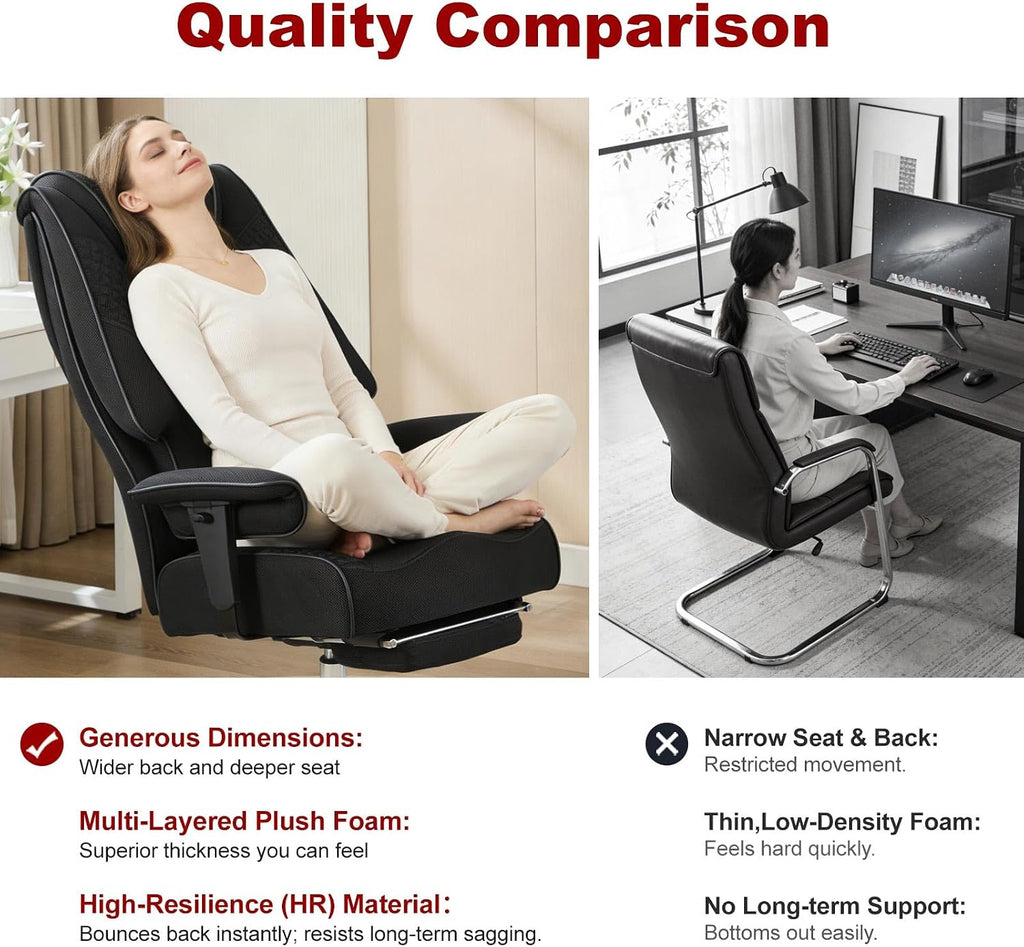 EXCEBET Big and Tall Office Chair 400lbs Wide Seat, Leather High Back Executive Office Chair with Lumbar Support, Ergonomic Chairs Padded Armrests & Thick Cushion (Mesh Dark Black)