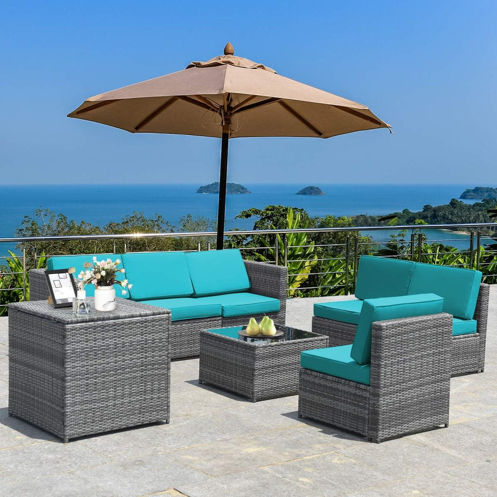 Tangkula 8 Pieces Wicker Patio Furniture Set with Storage Deck Box, PE Rattan Outdoor Sectional Conversation Set with Coffee Table & Cushions, Outside Furniture for Garden Yard Poolside (Turquoise)