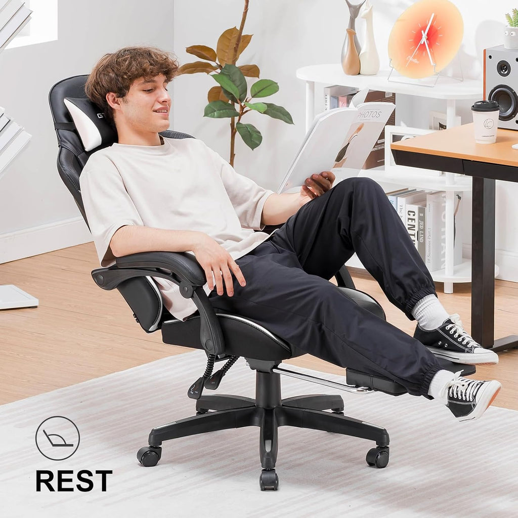 GTPLAYER Gaming Chair, High Back Leather Computer Gaming Chair with Footrest, Ergonomic Height Adjustable Office Chair with Removable Cover and Lumbar Support for Gaming and Work (White)