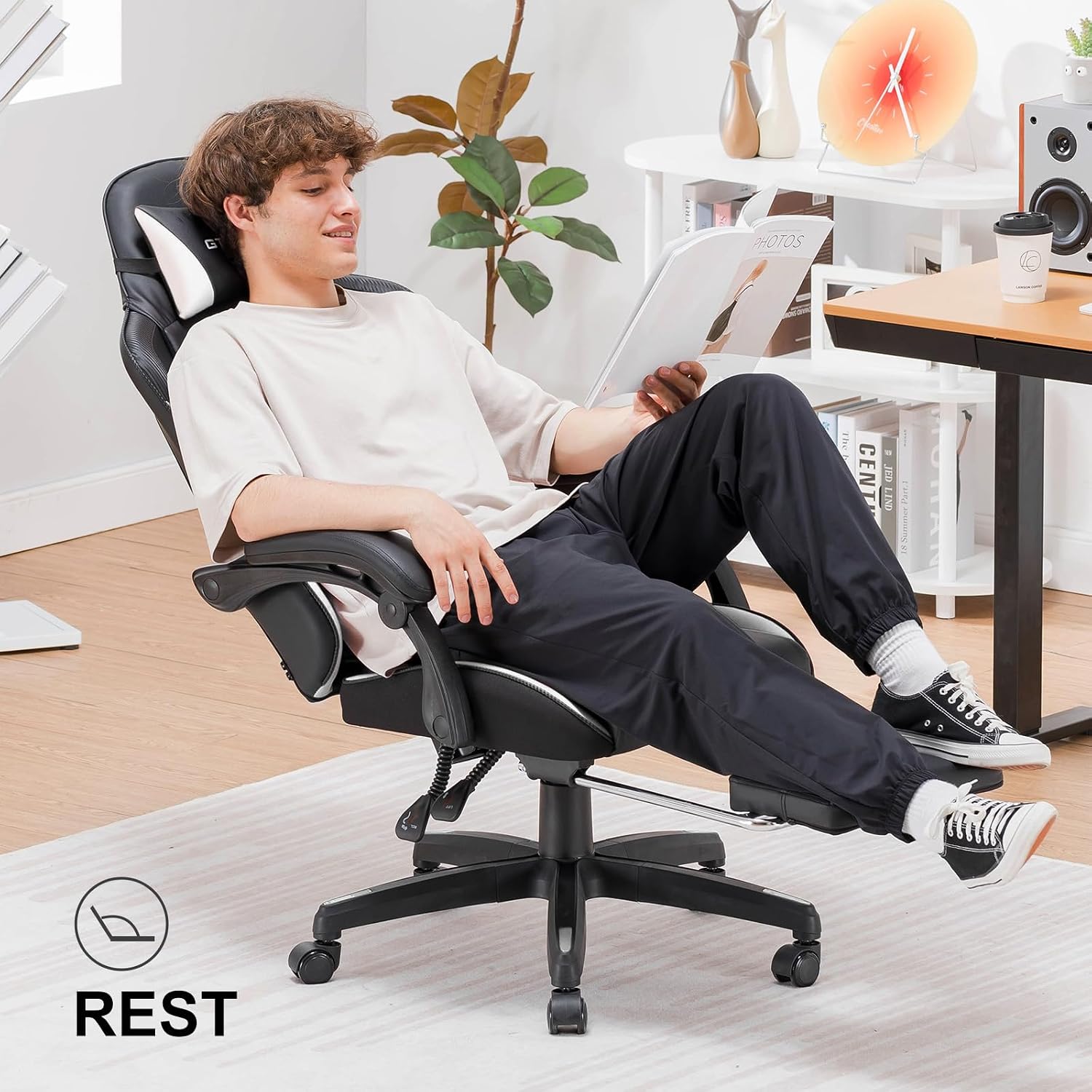GTPLAYER Gaming Chair, High Back Leather Computer Gaming Chair with Footrest, Ergonomic Height Adjustable Office Chair with Removable Cover and Lumbar Support for Gaming and Work (White)